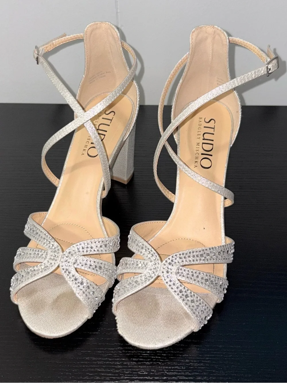 Studio Badgley Mischka Silver Rhinestone Block Heel Sandals Ankle Strap